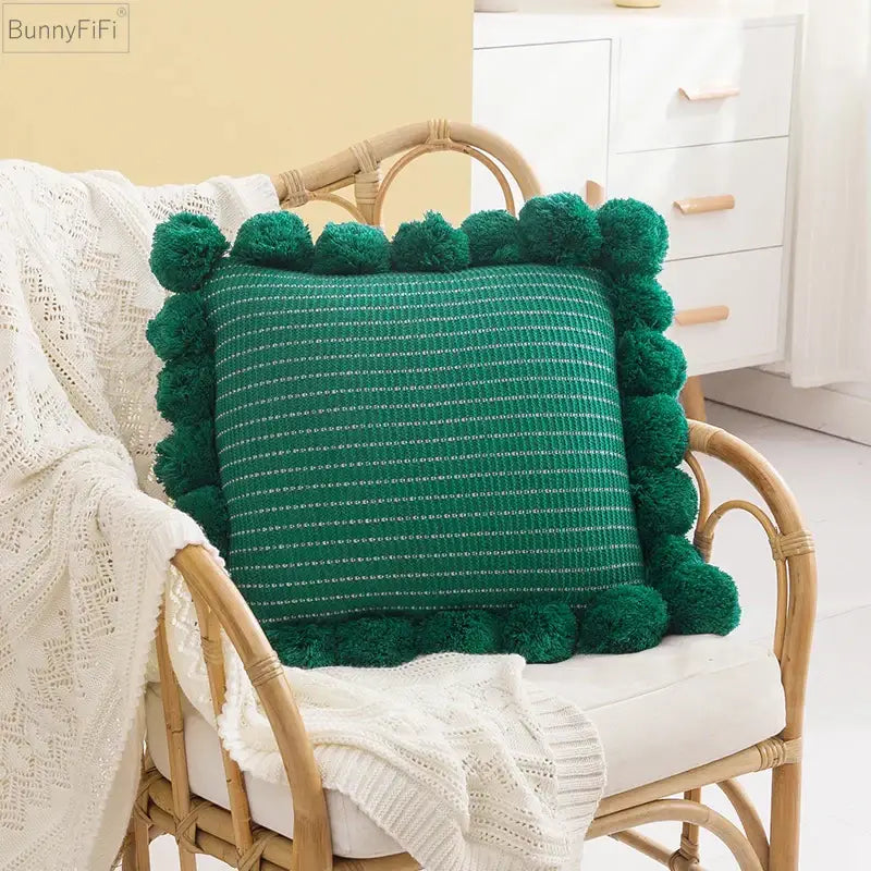 Orange textured ball cushion cover with pompoms living room decor