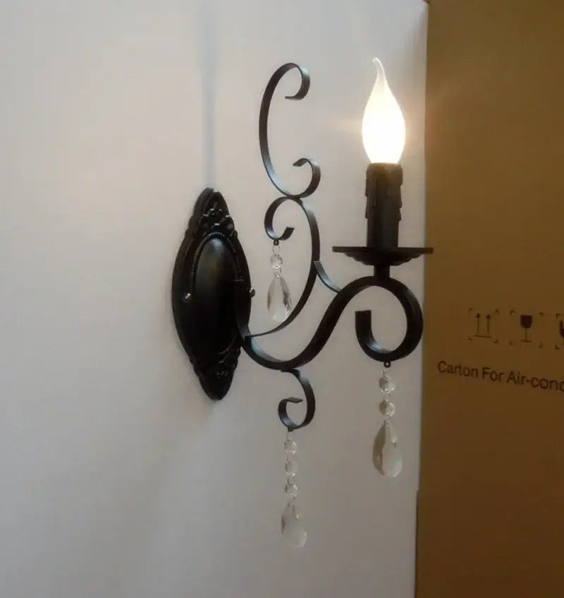 Ornate black wrought iron crystal wall lamp living room sconce
