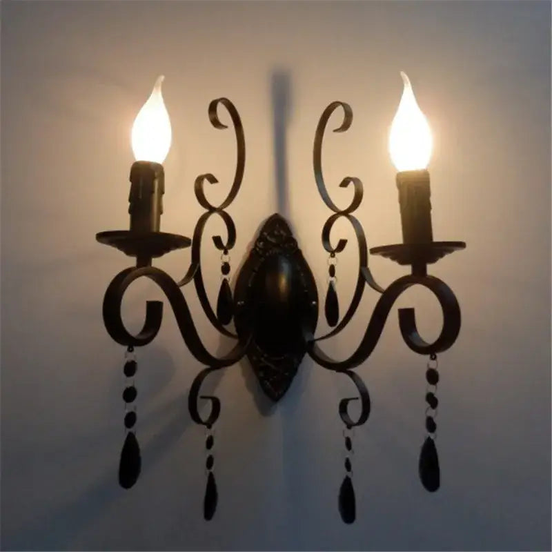 Ornate black wrought iron crystal wall lamp living room sconce