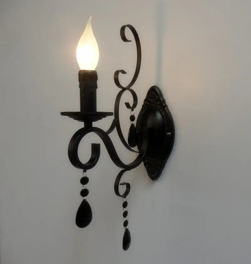 Ornate black wrought iron crystal wall lamp living room sconce