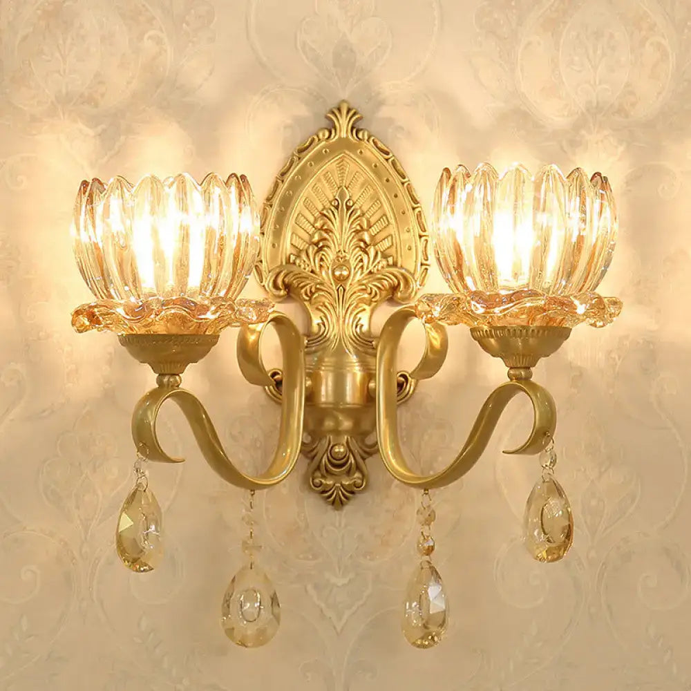 Ornate brass lotus wall sconce amber glass e14 bulb bedroom light