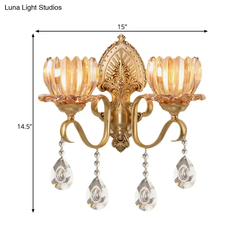 Ornate brass lotus wall sconce amber glass e14 bulb bedroom light