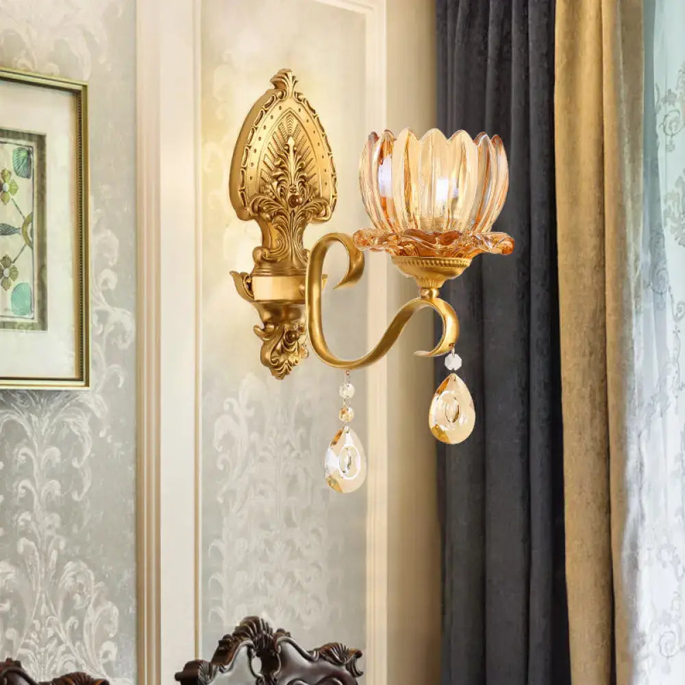 Ornate brass lotus wall sconce amber glass e14 bulb bedroom light