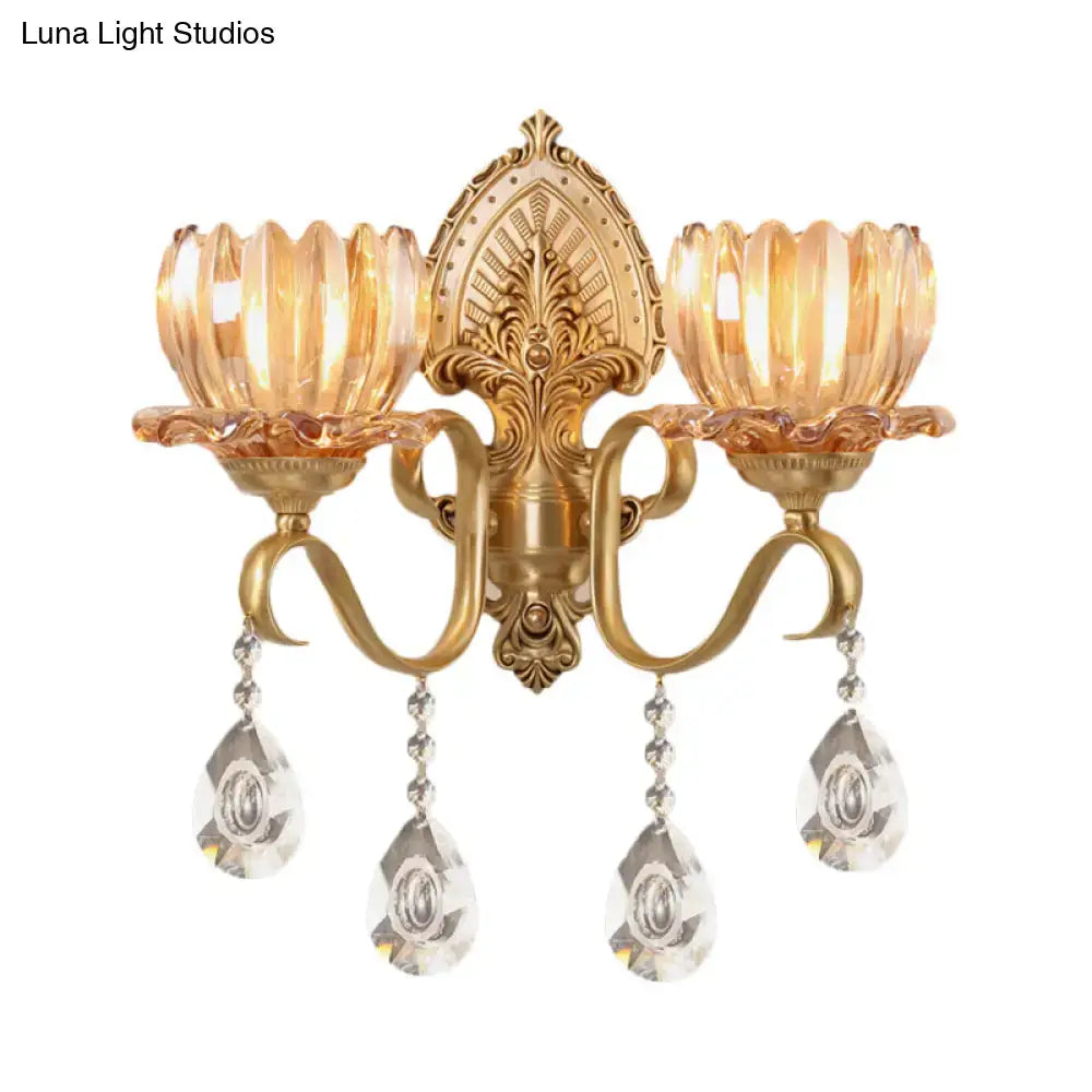 Ornate brass lotus wall sconce amber glass e14 bulb bedroom light