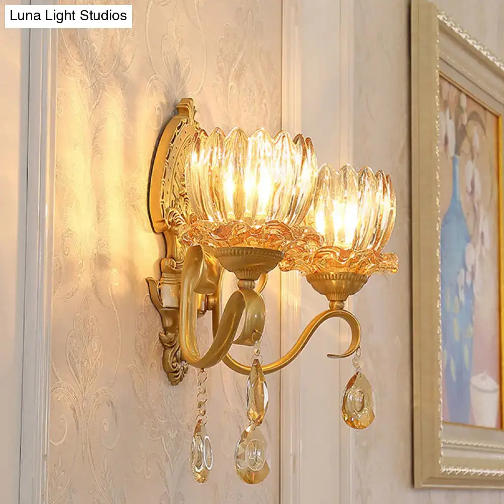 Ornate brass lotus wall sconce amber glass e14 bulb bedroom light