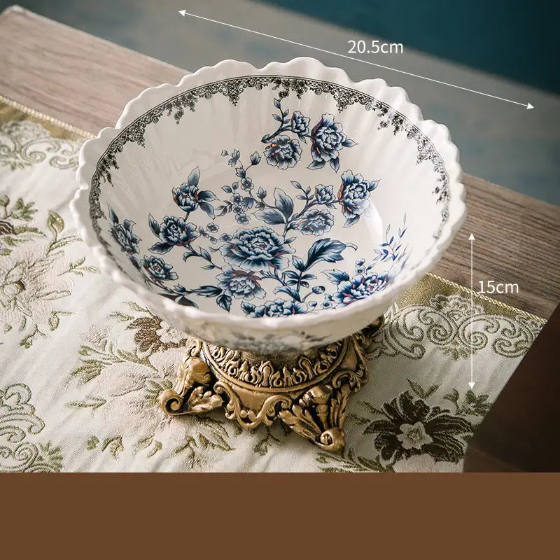 Ornate ceramic flower pattern fruit bowl tray dining room set