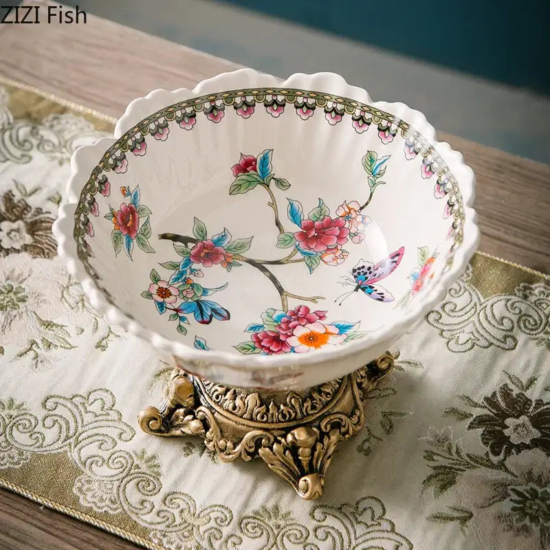 Ornate ceramic flower pattern fruit bowl tray dining room set