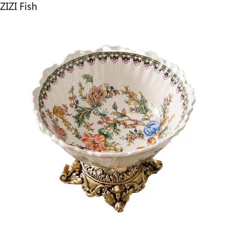 Ornate ceramic flower pattern fruit bowl tray dining room set