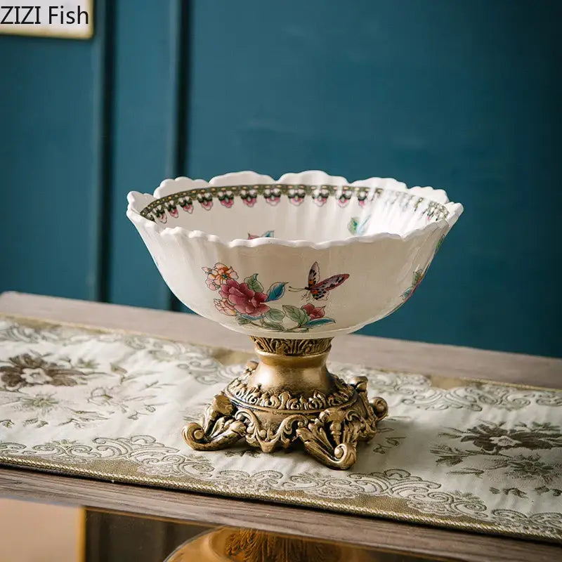 Ornate ceramic flower pattern fruit bowl tray dining room set
