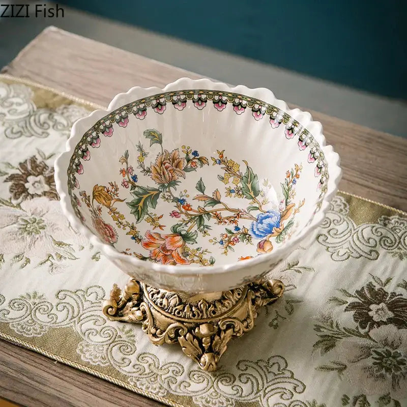 Ornate ceramic flower pattern fruit bowl tray dining room set