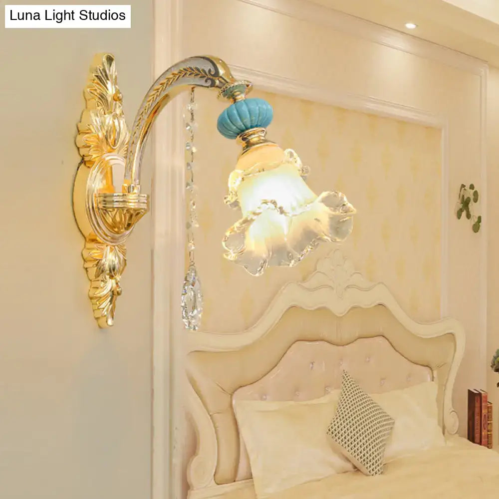 Ornate gold and blue glass wall mount light bedroom sconce