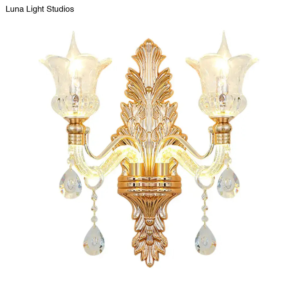 Ornate gold floral wall lamp with clear crystal glass bedroom sconce