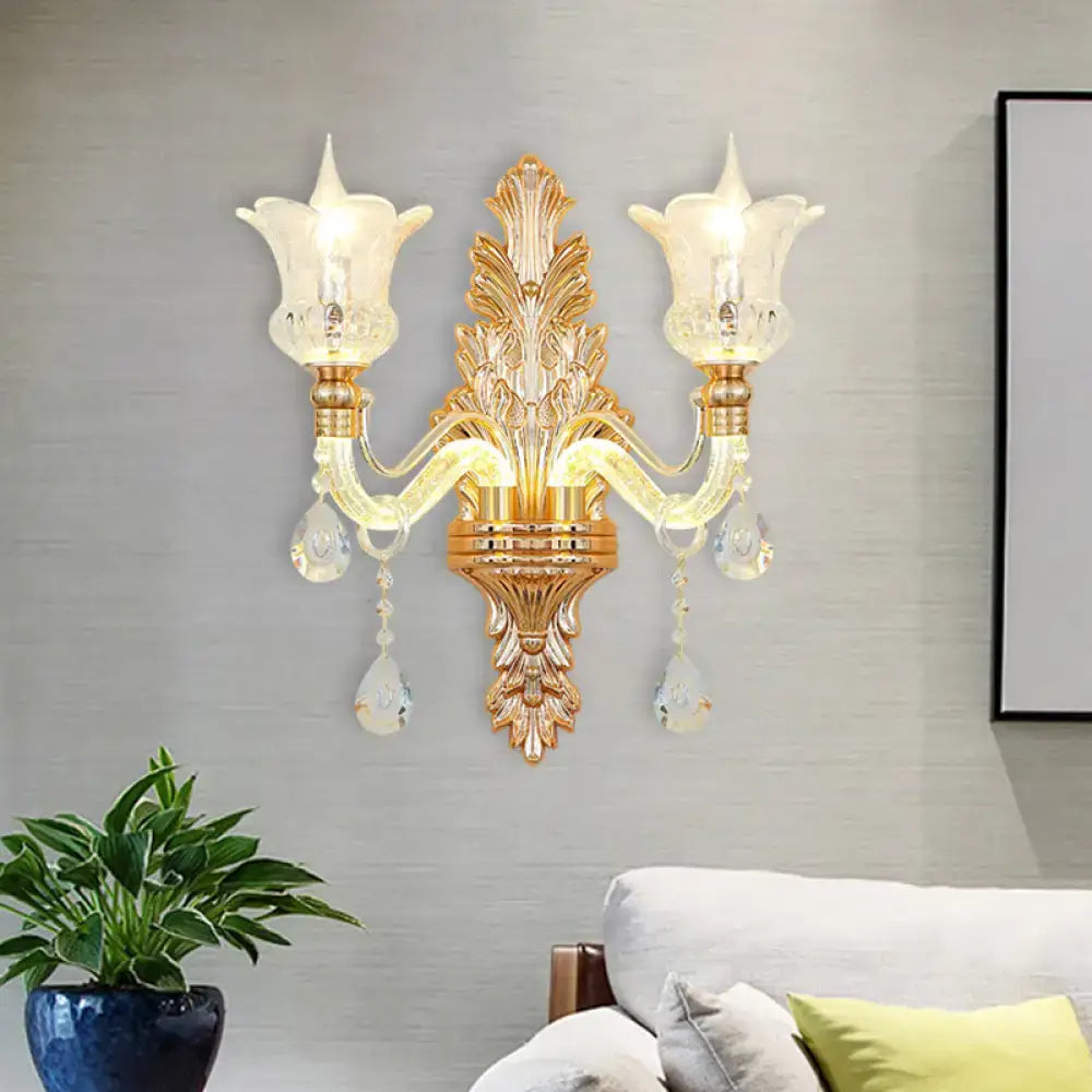 Ornate gold floral wall lamp with clear crystal glass bedroom sconce