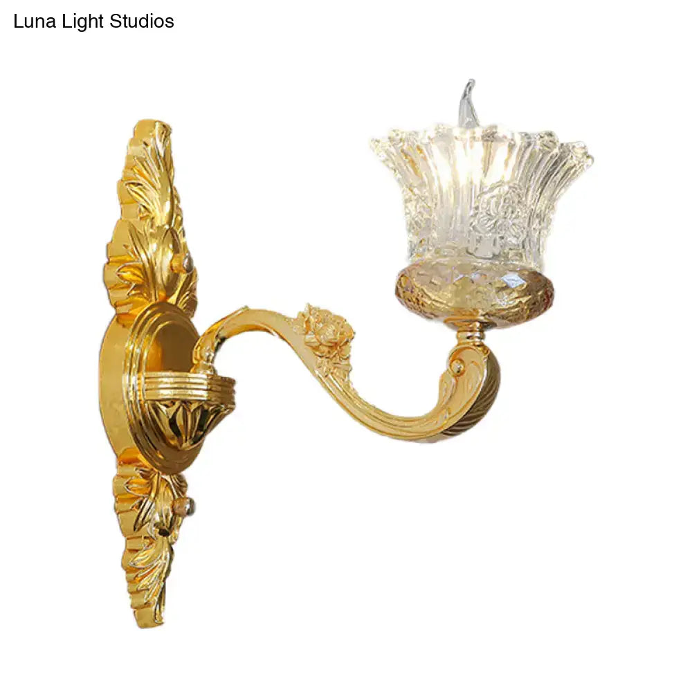 Ornate gold flower wall light crystal glass bedroom sconce