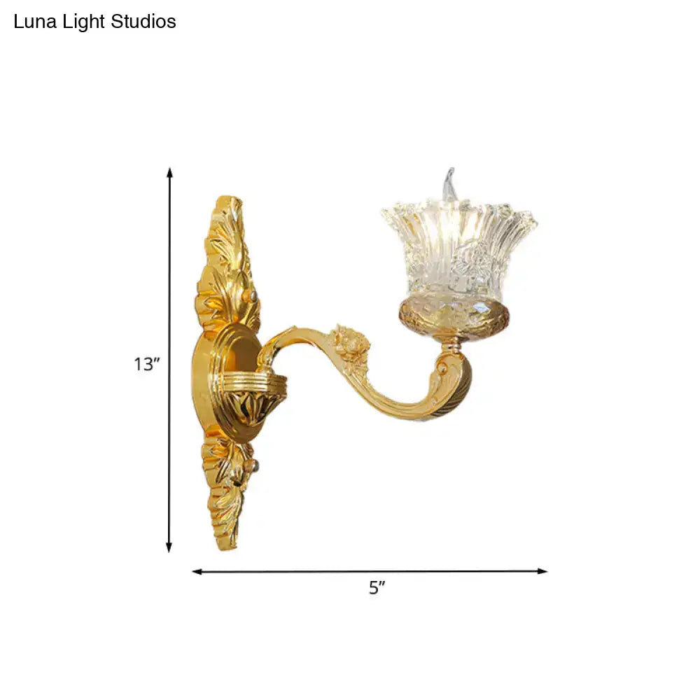 Ornate gold flower wall light crystal glass bedroom sconce