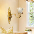 Ornate gold flower wall light with crystal glass clear fluted shade suitable for 220v-240v 110v-120v use