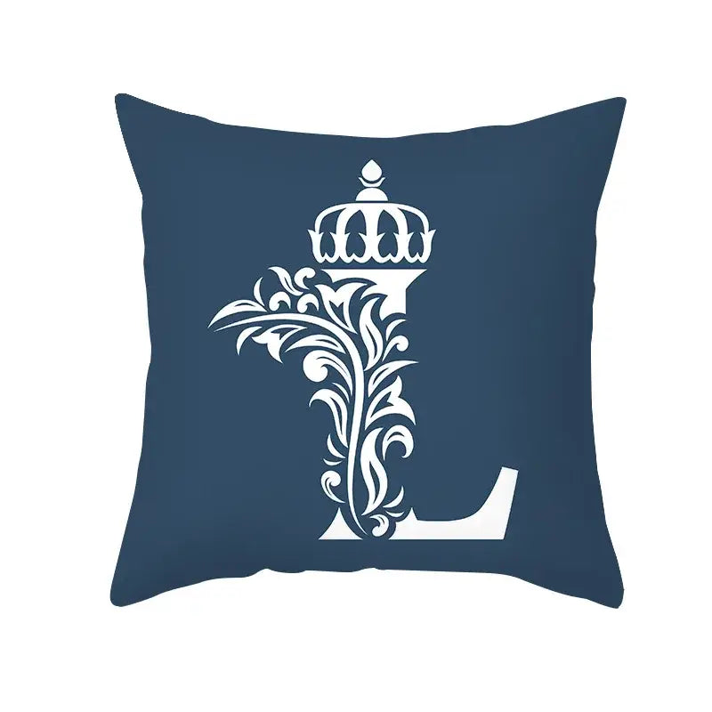 Ornate navy blue letter pillowcase – living room crown cushion cover