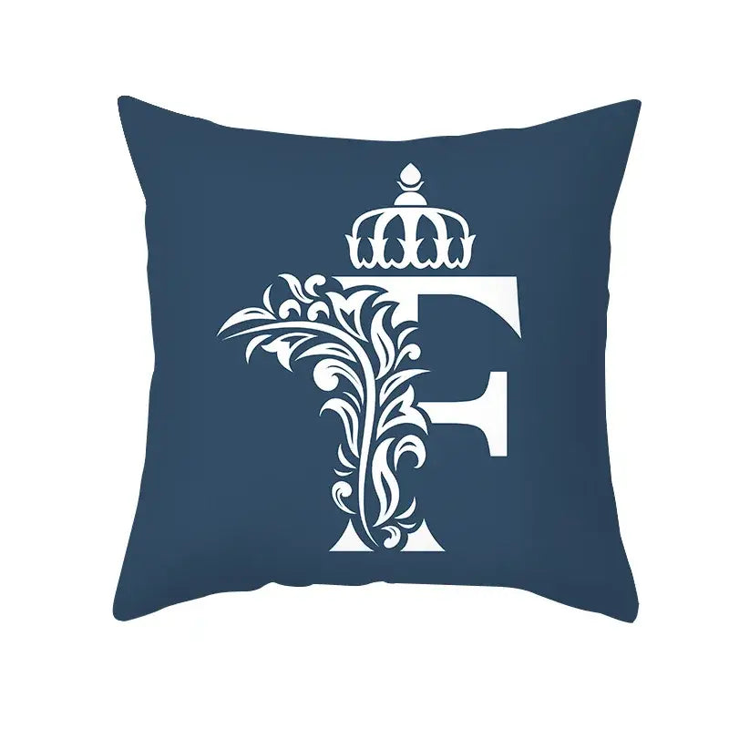Ornate navy blue letter pillowcase – living room crown cushion cover