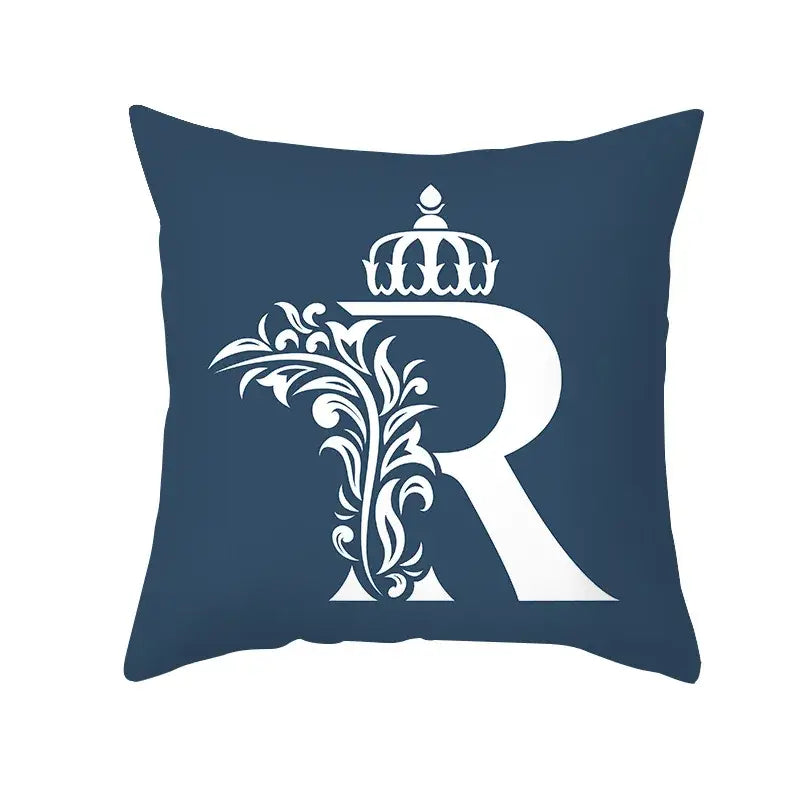 Ornate navy blue letter pillowcase – living room crown cushion cover