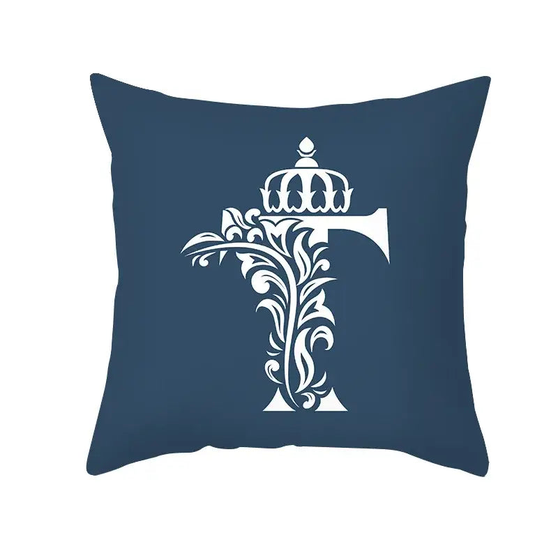 Ornate navy blue letter pillowcase – living room crown cushion cover