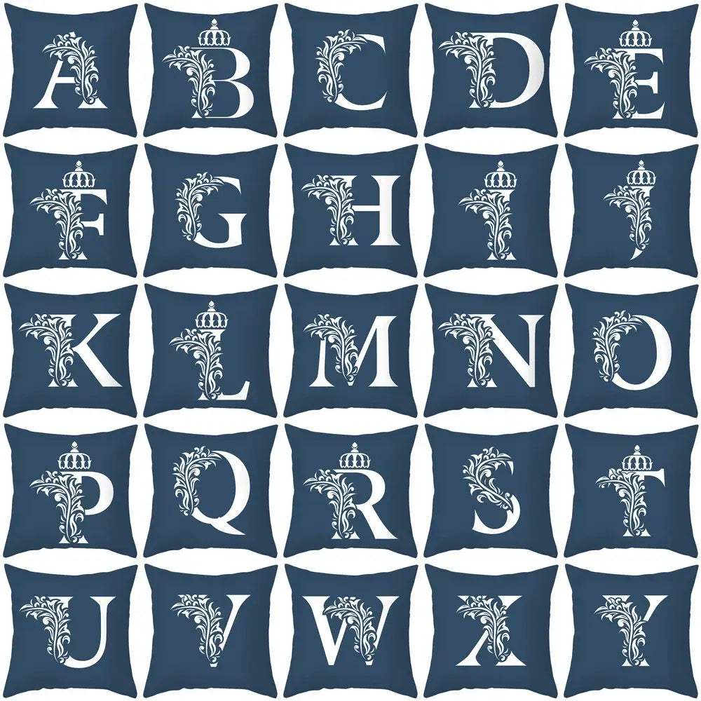 Ornate navy blue letter pillowcase – living room crown cushion cover