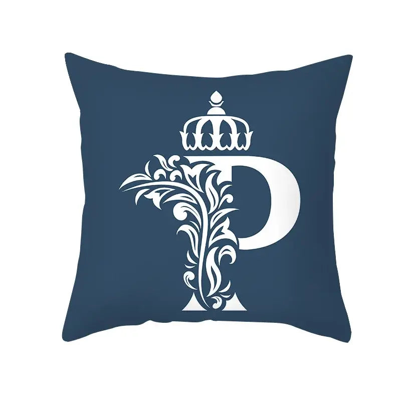 Ornate navy blue letter pillowcase – living room crown cushion cover