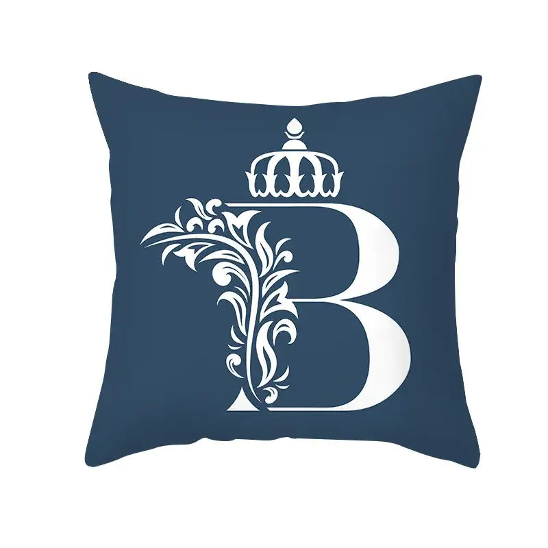 Ornate navy blue letter pillowcase – living room crown cushion cover
