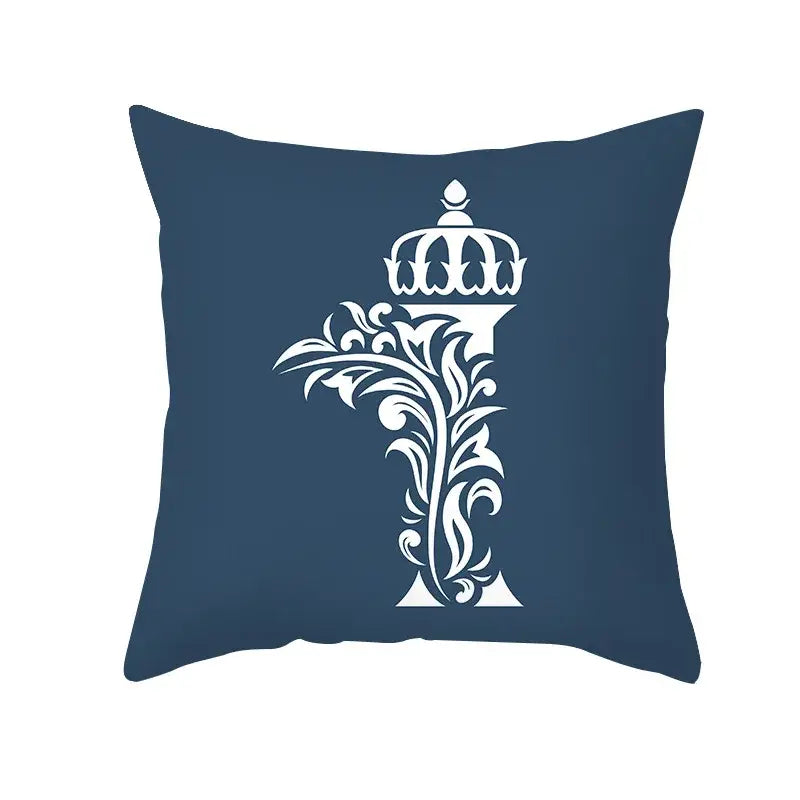 Ornate navy blue letter pillowcase – living room crown cushion cover