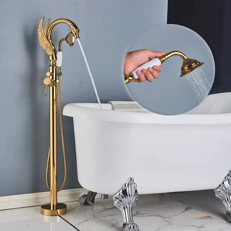 صنبور حوض استحمام ذهبي بتصميم بجعة مزخرف مع خرطوم دش للحمام