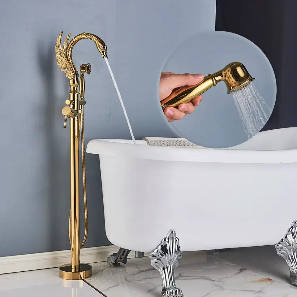 صنبور حوض استحمام ذهبي بتصميم بجعة مزخرف مع خرطوم دش للحمام