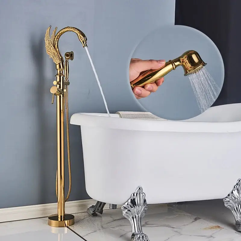 صنبور حوض استحمام ذهبي بتصميم بجعة مزخرف مع خرطوم دش للحمام