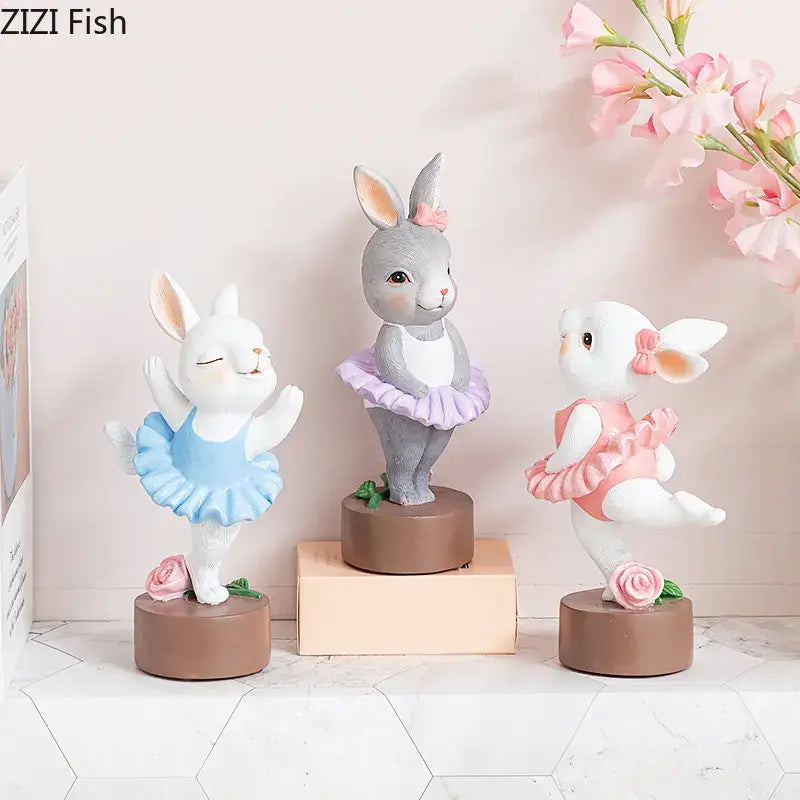 Pastel ballet rabbit dancer sculpture set bedroom desk decor