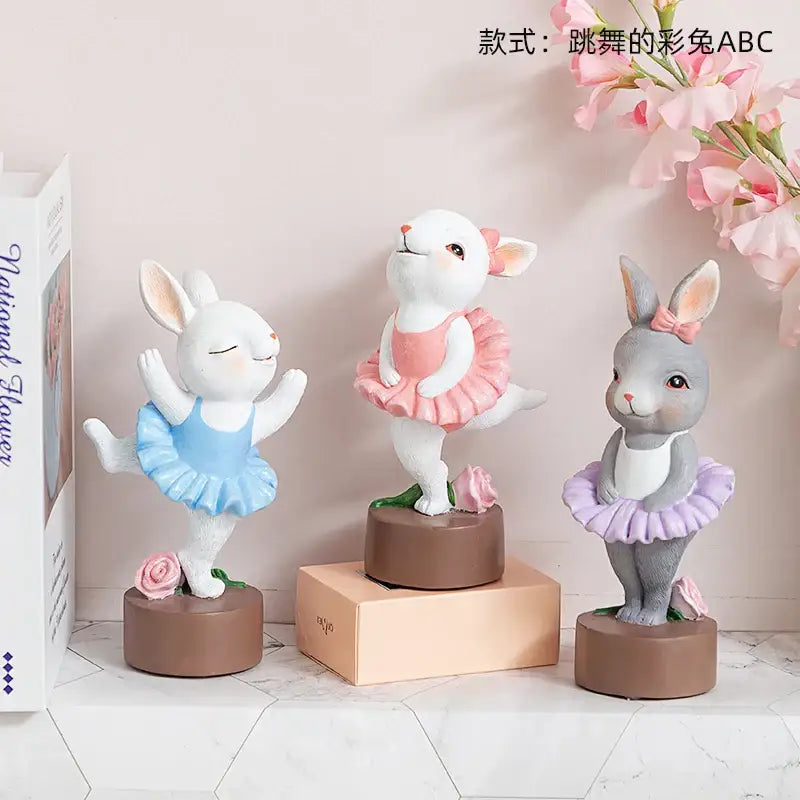 Pastel ballet rabbit dancer sculpture set bedroom desk decor
