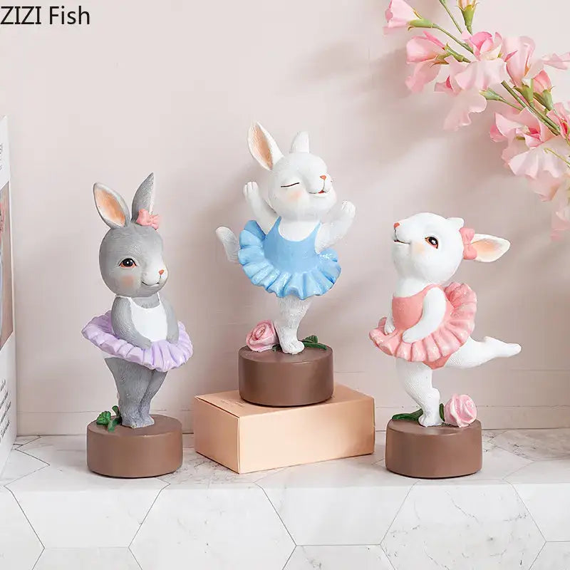 Pastel ballet rabbit dancer sculpture set bedroom desk decor