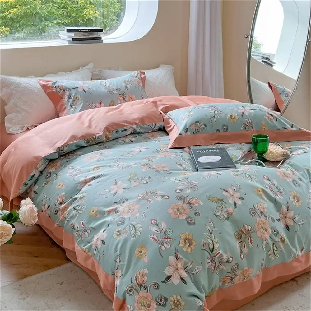 Pastel blue & peach floral bedding set bedroom ruffled duvet cover