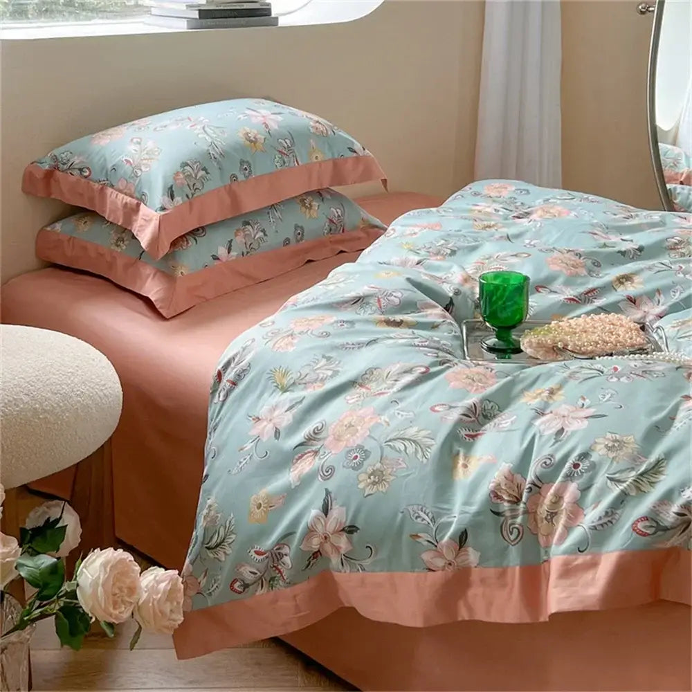 Pastel blue & peach floral bedding set bedroom ruffled duvet cover