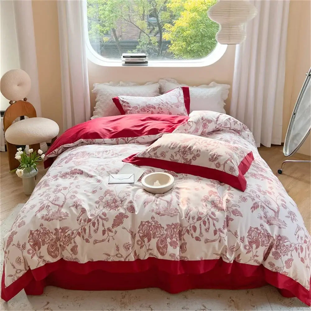 Pastel blue & peach floral bedding set bedroom ruffled duvet cover