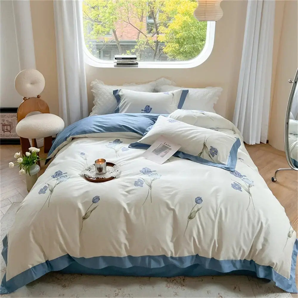 Pastel blue & peach floral bedding set bedroom ruffled duvet cover