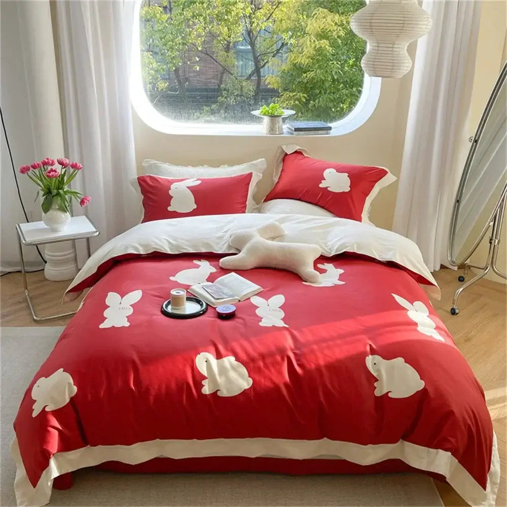Pastel blue & peach floral bedding set bedroom ruffled duvet cover