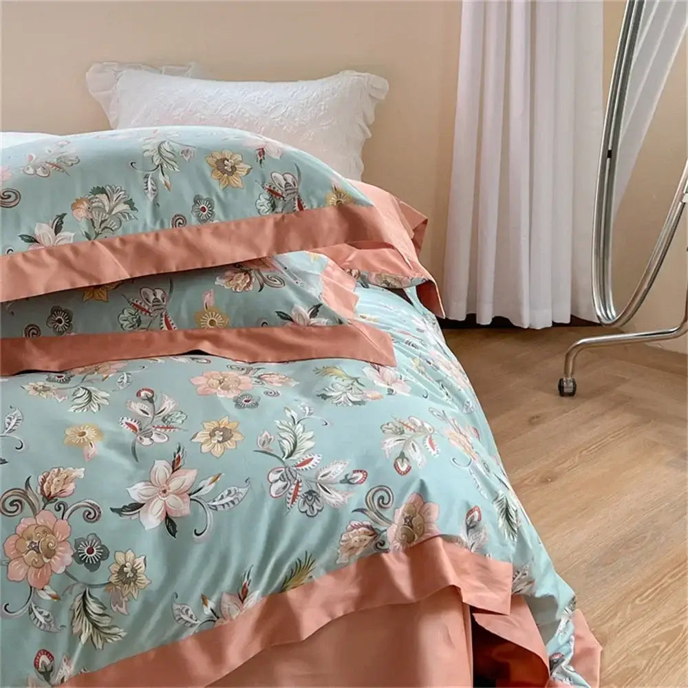 Pastel blue & peach floral bedding set bedroom ruffled duvet cover