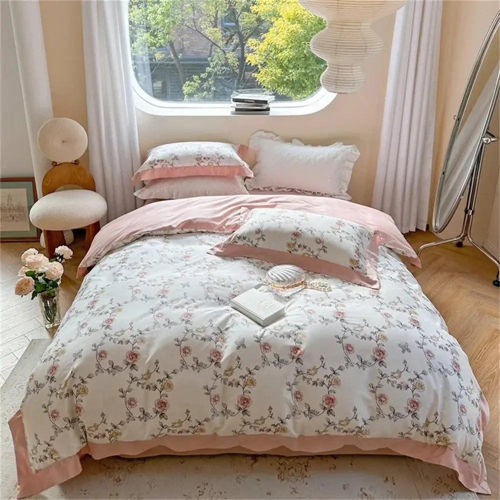 Pastel blue & peach floral bedding set bedroom ruffled duvet cover