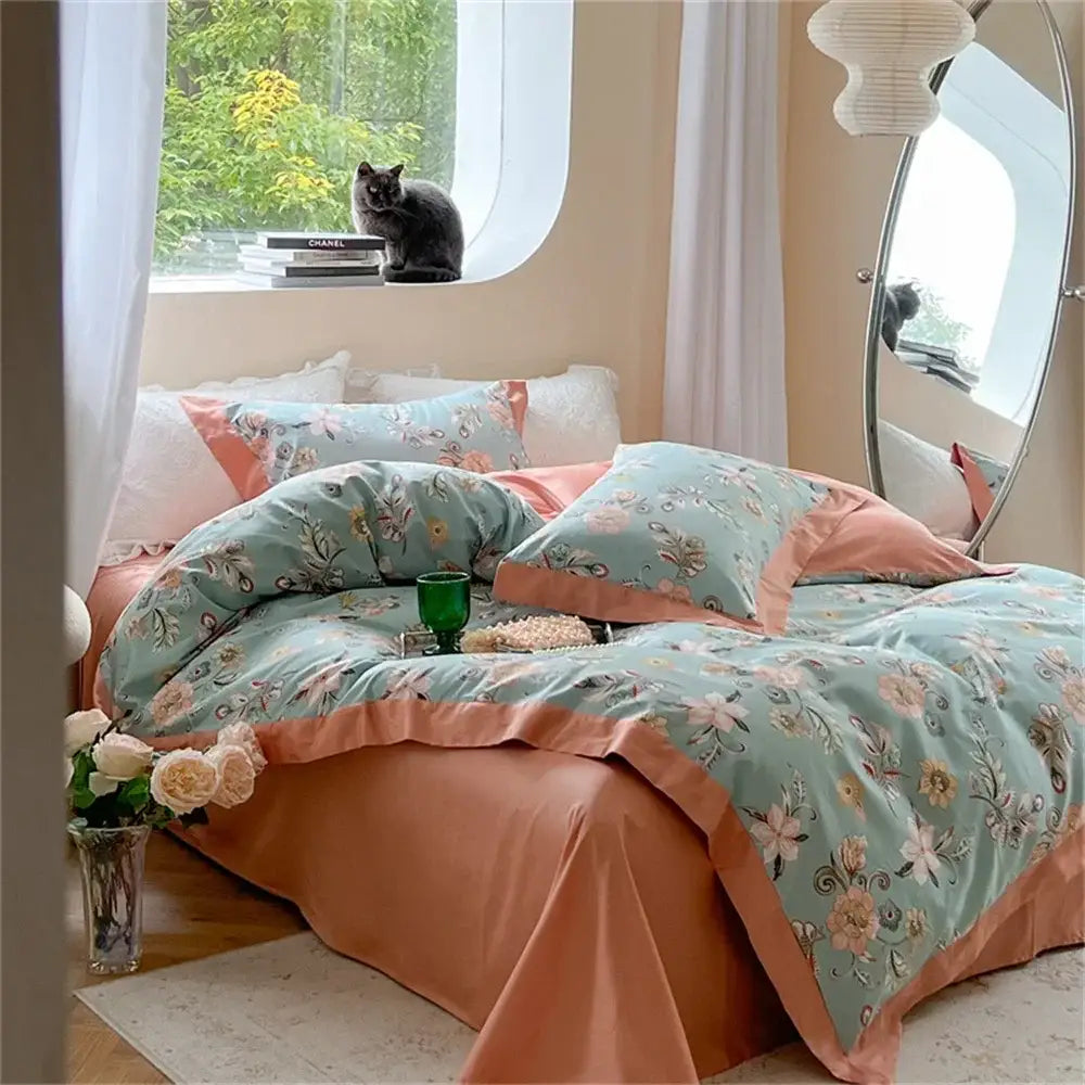 Pastel blue & peach floral bedding set bedroom ruffled duvet cover