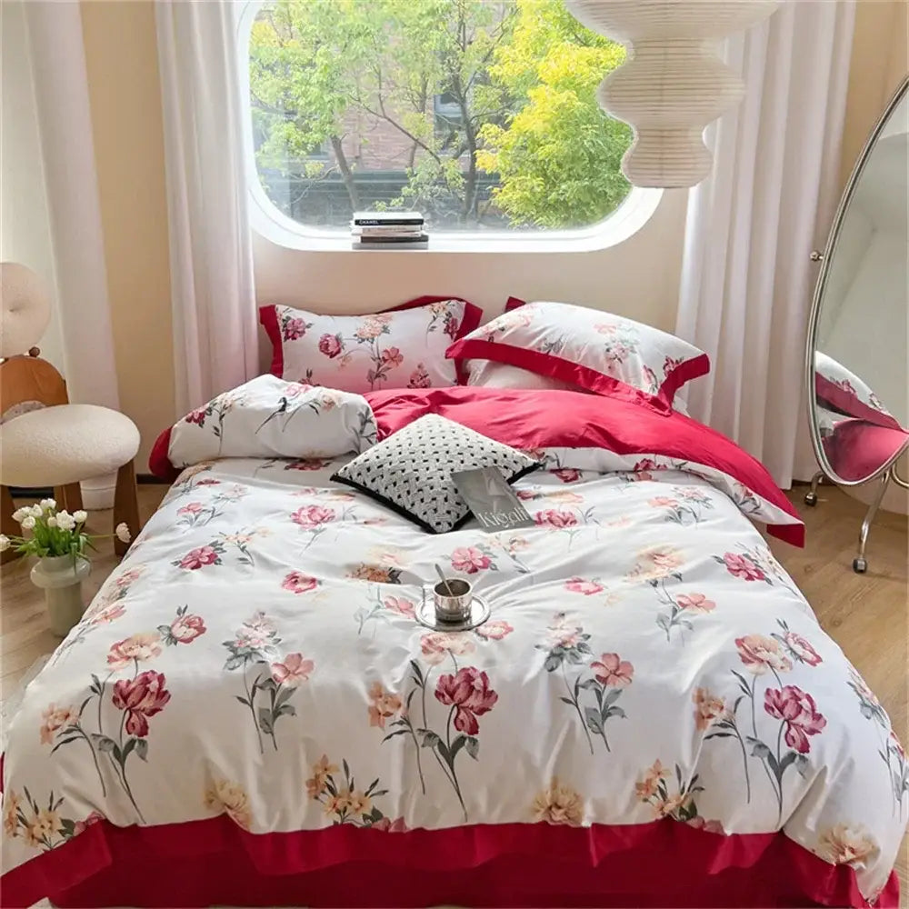 Pastel blue & peach floral bedding set bedroom ruffled duvet cover
