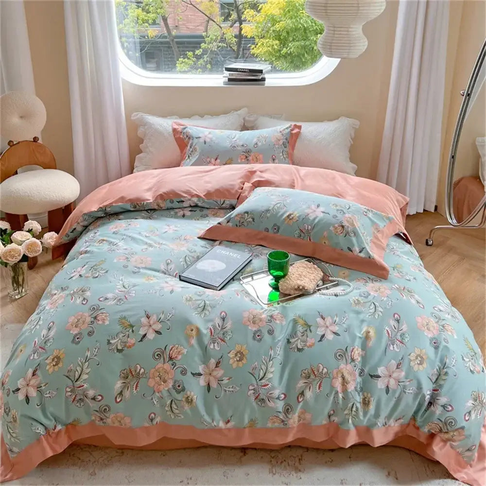 Pastel blue & peach floral bedding set bedroom ruffled duvet cover