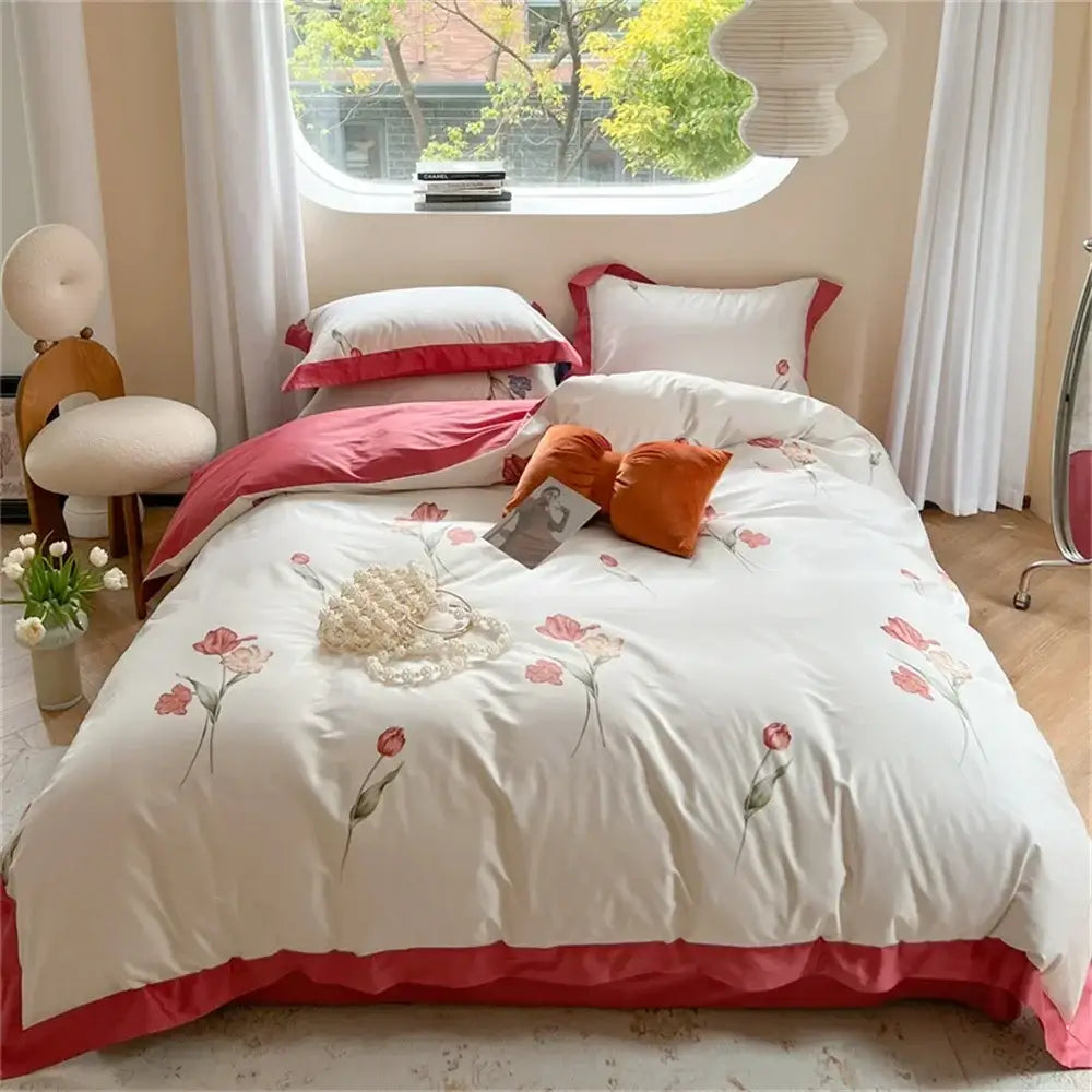 Pastel blue & peach floral bedding set bedroom ruffled duvet cover