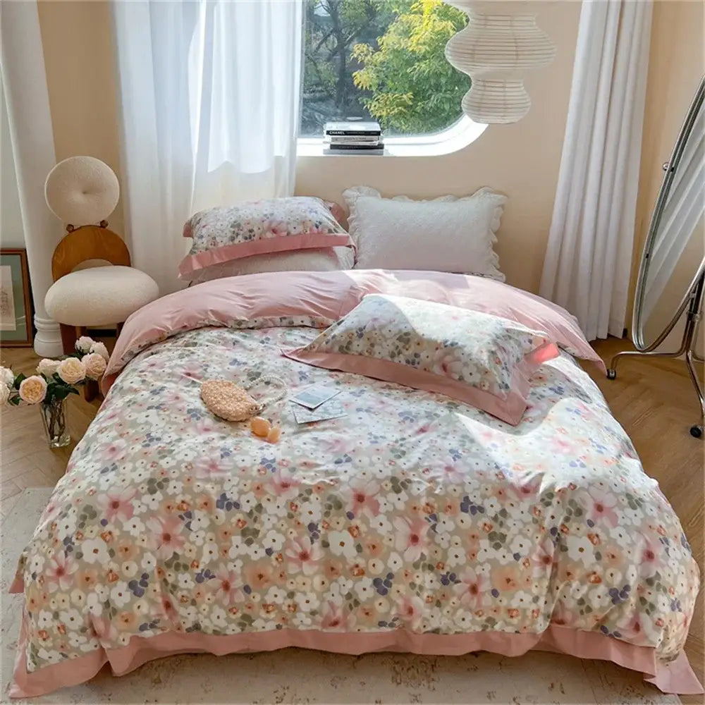 Pastel blue & peach floral bedding set bedroom ruffled duvet cover