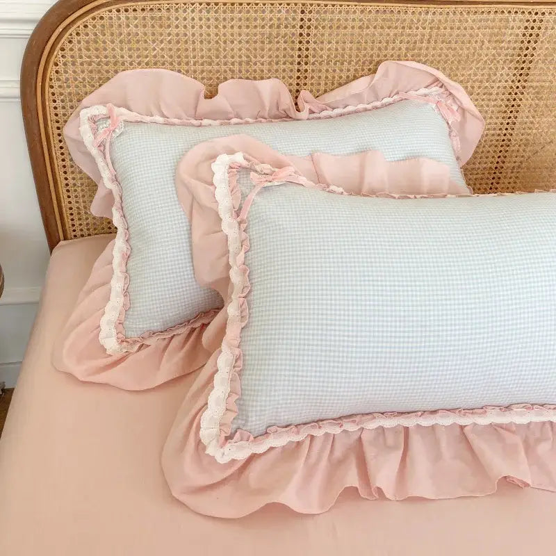 Pastel blue & pink lattice bedding set bedroom ruffled cotton quilt cover