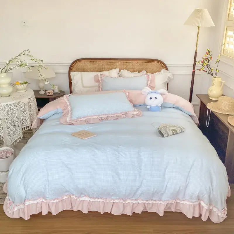 Pastel blue & pink lattice bedding set bedroom ruffled cotton quilt cover