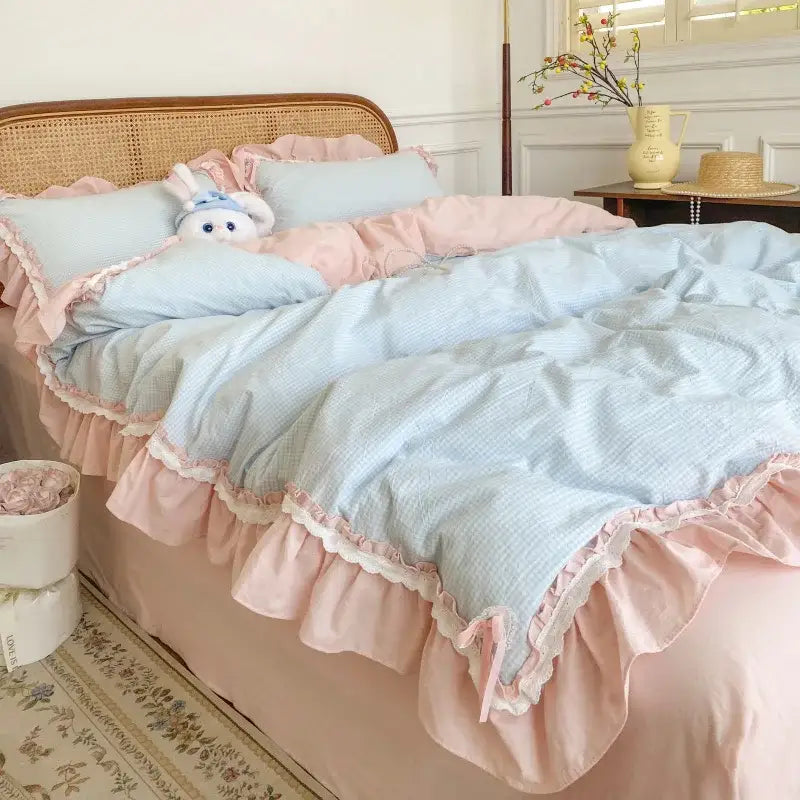 Pastel blue & pink lattice bedding set bedroom ruffled cotton quilt cover