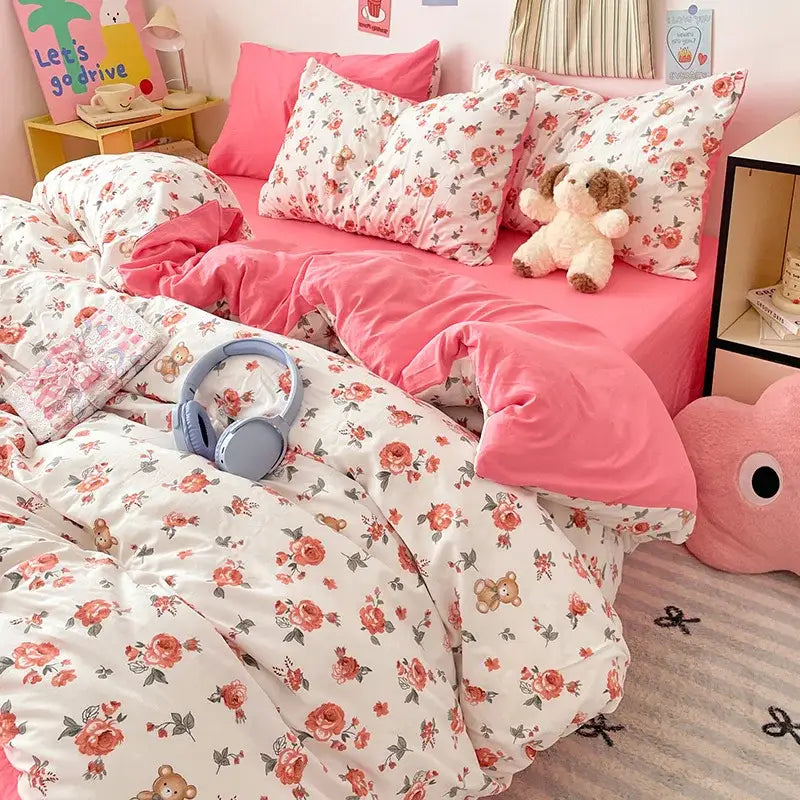 Pastel blue & white bunny cartoon pattern bed sets bedroom cotton